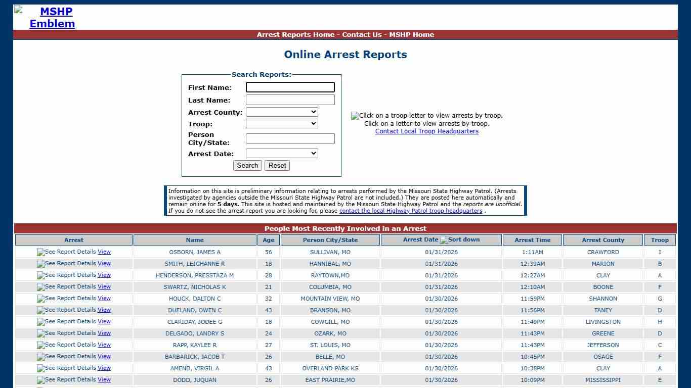 Missouri State Highway Patrol - Arrest Reports